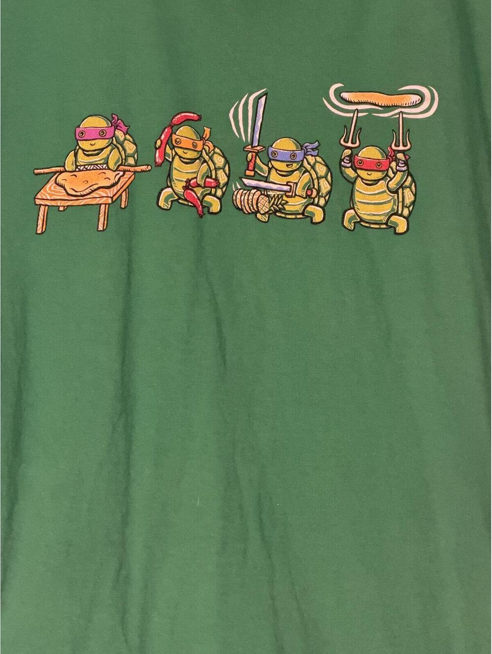 Green T-Shirt with Cartoon Ninja Turtles Cooking Graphic